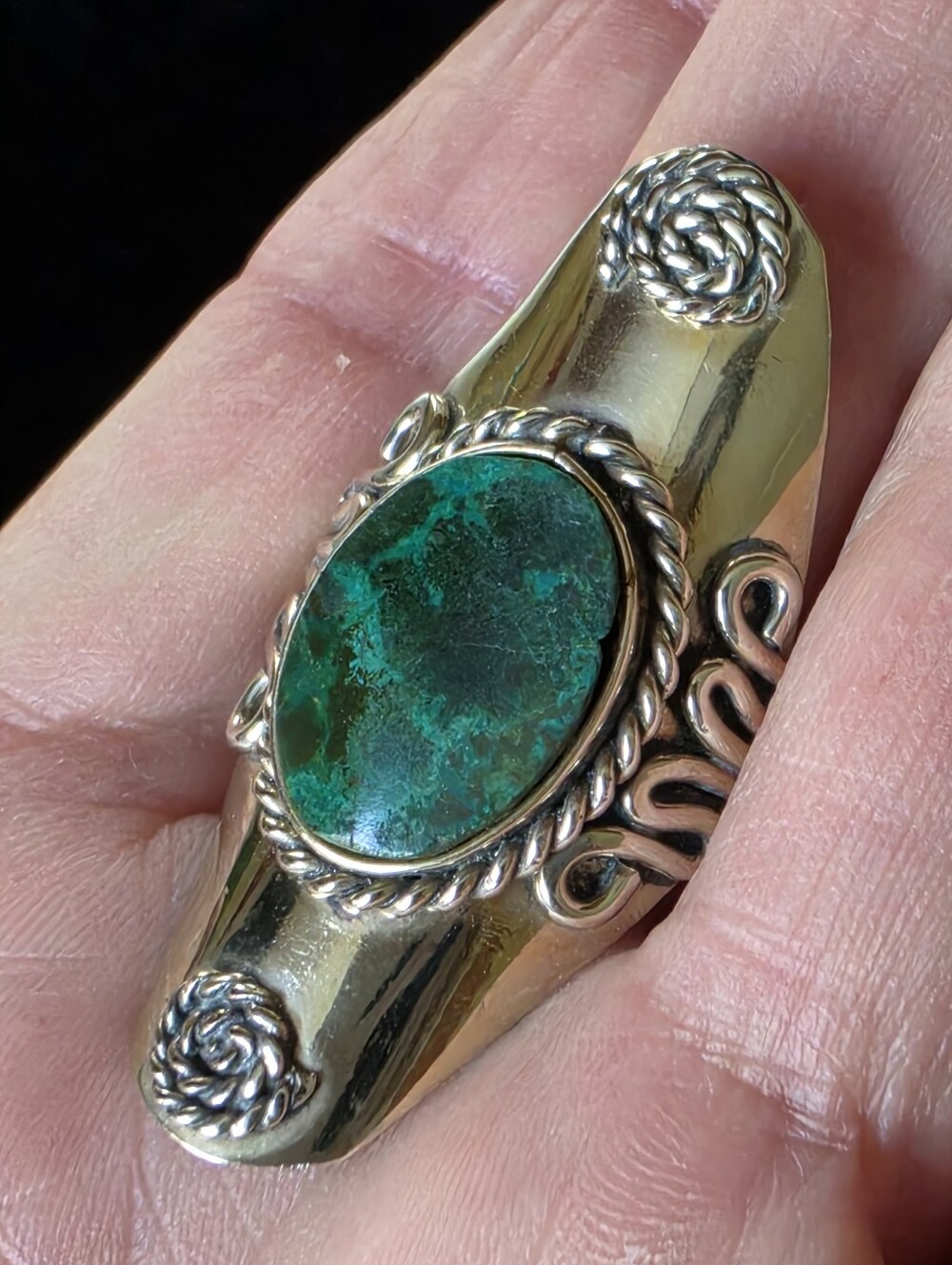 Azurite Chrysocolla Silver Tone Adjustable Ring